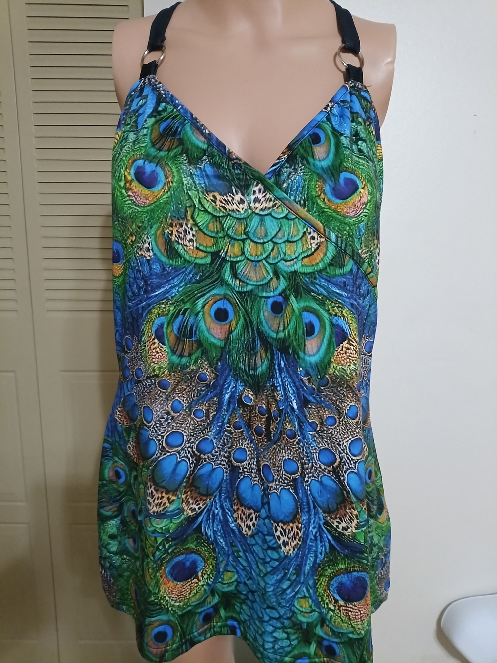 Peacock Print V-Neck Cami Top - Green & Blue